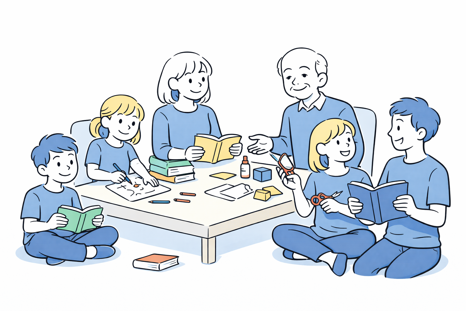Sechs Personen sitzen um einen Tisch und lesen, sprechen und basteln zusammen.